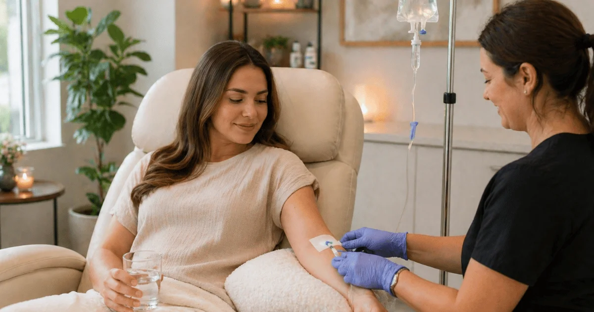 Woman receiving IV therapy for hydration and energy in a wellness clinic.