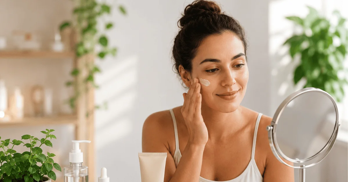 A woman applying skincare products to her face after a professional chemical peel treatment for glowing and rejuvenated skin