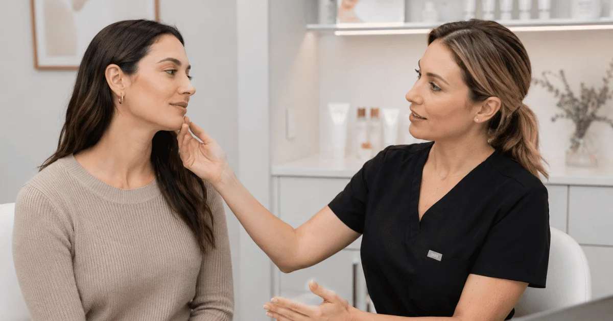Skincare professional consulting with a woman about skin tightening treatment in a modern facial clinic